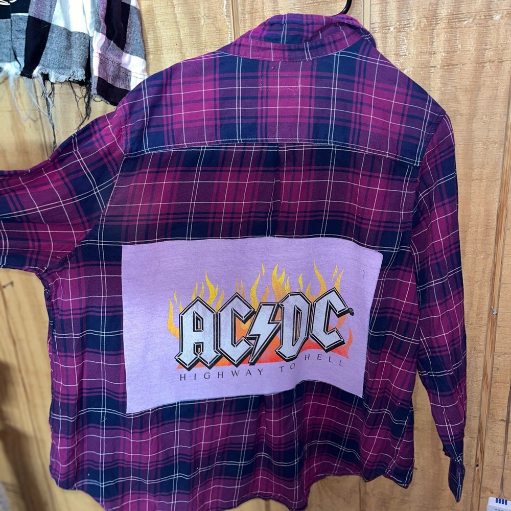 AC/DC Graphic Plaid Button-Up Shirt - Purple/Black